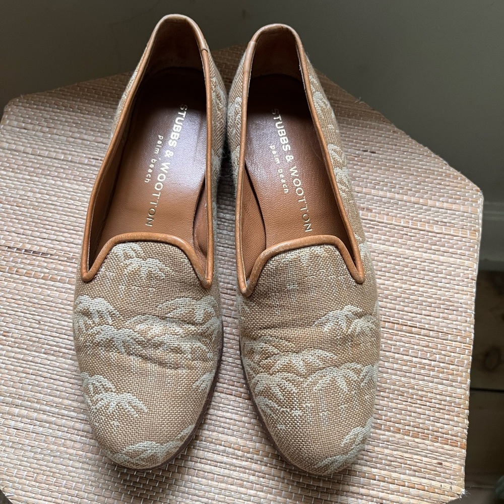STUBBS & WOOTTON Needlepoint Tapestry Palm Embroidered Beige Loafers Shoes 5.5